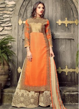 Embroidered Work Beige and Orange Pure Georgette Palazzo Straight Salwar Suit