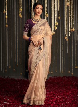 Embroidered Work Beige and Purple Designer Contemporary Style Saree