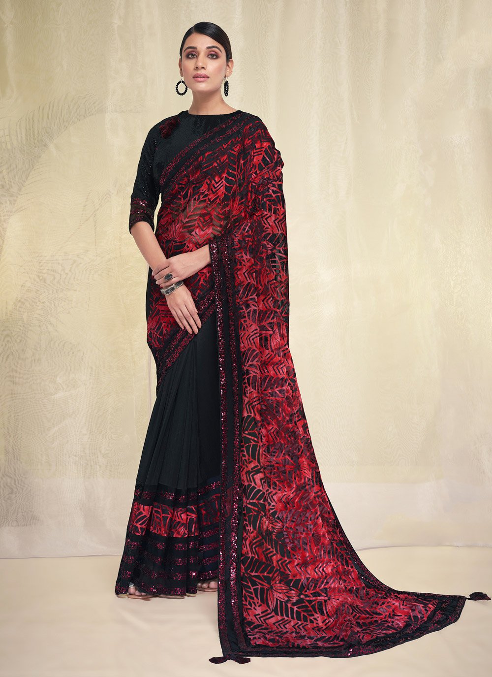 Embroidered Work Black and Red Designer Contemporary Saree