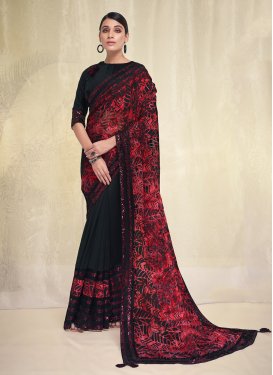 Embroidered Work Black and Red Designer Contemporary Saree