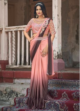Embroidered Work Brown and Salmon Designer Contemporary Style Saree