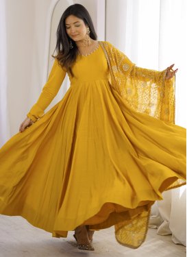 Embroidered Work Chanderi Silk Anarkali Suit in Mustard for Women