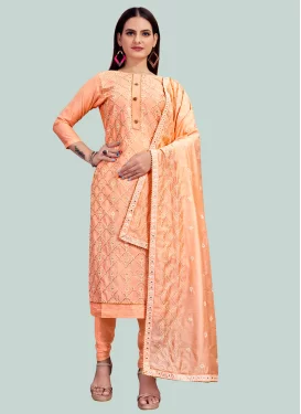 Embroidered Work Chanderi Silk Churidar Suit in Peach for Women