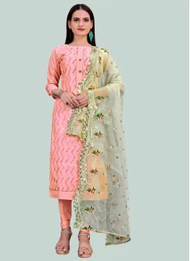 Embroidered Work Chanderi Silk Churidar Suit in Pink for Women