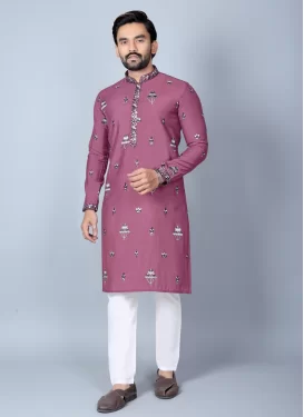 Embroidered Work Chanderi Silk Kurta Pajama in Mauve Pink and White for Men
