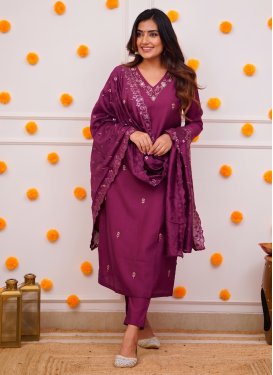 Embroidered Work Chanderi Silk Readymade Salwar Suit in Fuchsia for Women