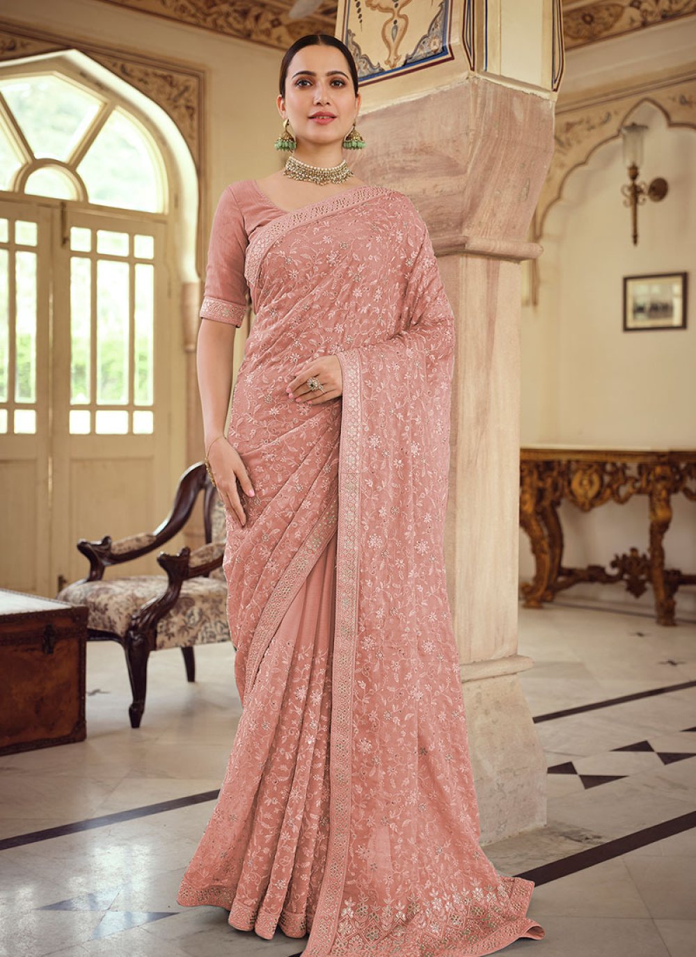 Embroidered Work Chiffon Designer Contemporary Style Saree For Ceremonial