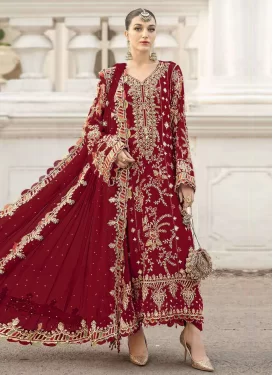 Embroidered Work Chiffon Pakistani Suit in Crimson for Women