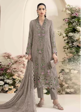 Embroidered Work Chiffon Pakistani Suit in Grey for Women