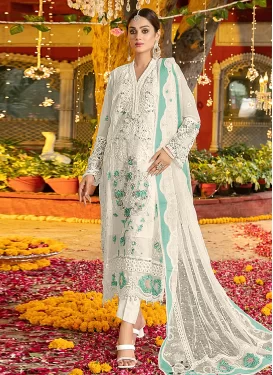 Embroidered Work Chiffon Pakistani Suit in Off White for Women
