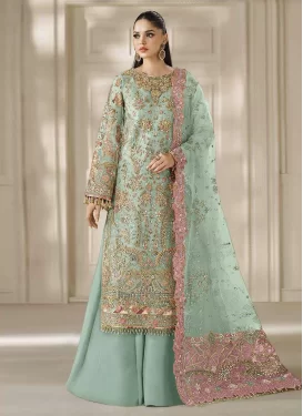 Embroidered Work Chiffon Palazzo Suit in Turquoise for Women