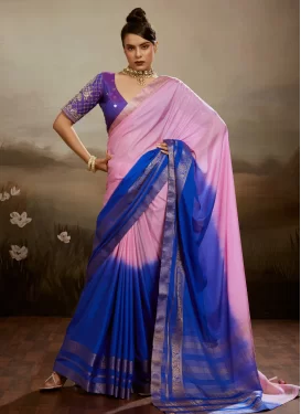 Embroidered Work Chiffon Satin Classic Saree in Blue and Pink for Festival