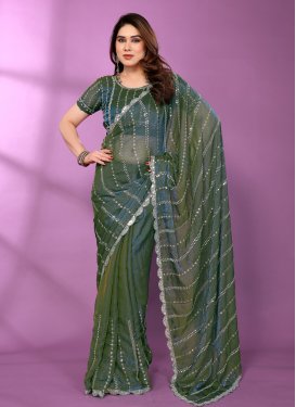 Embroidered Work Chiffon Satin Classic Saree in Green for Festival