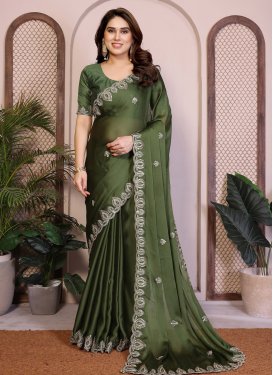 Embroidered Work Chiffon Satin Classic Saree in Olive for Ceremonial