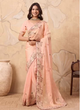 Embroidered Work Chiffon Satin Classic Saree in Peach for Women