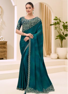 Embroidered Work Chiffon Satin Classic Saree in Teal for Women