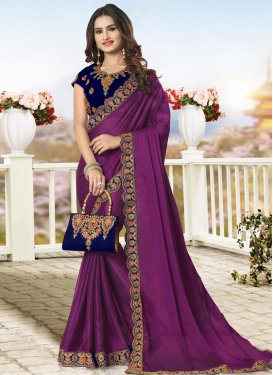 Embroidered Work Chiffon Satin Designer Contemporary Style Saree For Festival