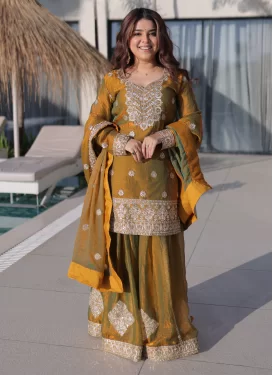 Embroidered Work Chiffon Satin Palazzo Suit in Mustard for Women