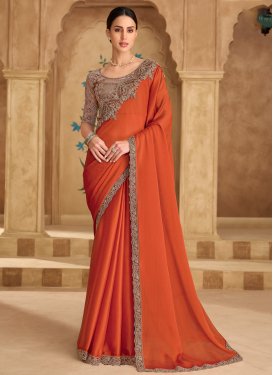 Embroidered Work Chiffon Satin Traditional Saree in Orange for Party