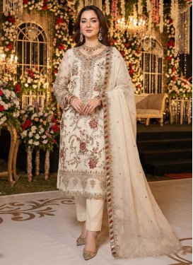 Embroidered Work Chiffon Straight Suit in Cream for Women