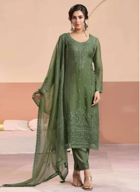 Embroidered Work Chiffon Straight Suit in Green for Women