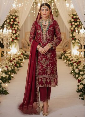 Embroidered Work Chiffon Straight Suit in Maroon for Women