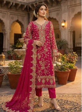 Embroidered Work Chiffon Straight Suit in Rose Pink for Women