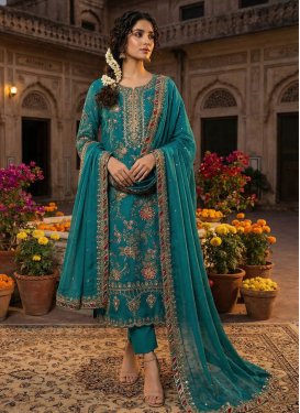 Embroidered Work Chiffon Straight Suit in Teal for Women
