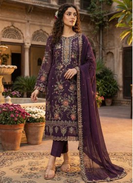 Embroidered Work Chiffon Straight Suit in Wine for Ceremonial