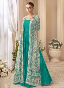 Embroidered Work Chinon Designer Gown in Aqua Blue for Women