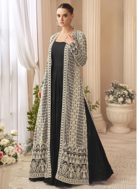 Embroidered Work Chinon Designer Gown in Black for Women