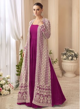 Embroidered Work Chinon Designer Gown in Fuchsia for Women