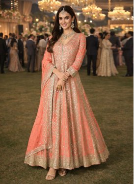 Embroidered Work Chinon Designer Gown in Peach for Festival