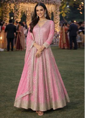 Embroidered Work Chinon Designer Gown in Pink for Women
