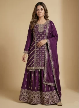 Embroidered Work Chinon Kameez Style Lehenga Choli in Purple for Women