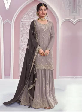 Embroidered Work Chinon Palazzo Suit in Beige for Women