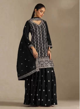 Embroidered Work Chinon Palazzo Suit in Black for Women