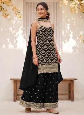 Embroidered Work Chinon Palazzo Suit in Black for Women