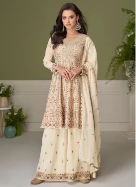 Embroidered Work Chinon Palazzo Suit in Cream for Women