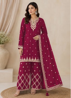 Embroidered Work Chinon Palazzo Suit in Crimson for Ceremonial