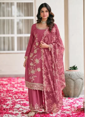Embroidered Work Chinon Palazzo Suit in Hot Pink for Women
