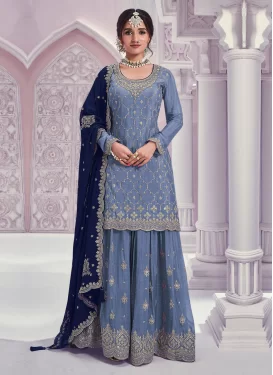 Embroidered Work Chinon Palazzo Suit in Light Blue for Ceremonial