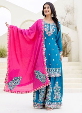 Embroidered Work Chinon Palazzo Suit in Light Blue for Ceremonial