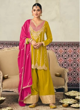 Embroidered Work Chinon Palazzo Suit in Mustard for Women