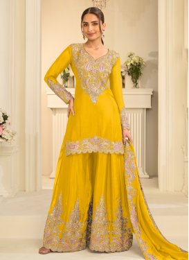 Embroidered Work Chinon Palazzo Suit in Mustard for Women