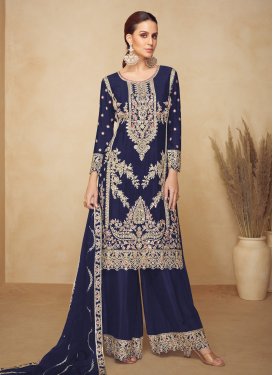 Embroidered Work Chinon Palazzo Suit in Navy Blue for Women