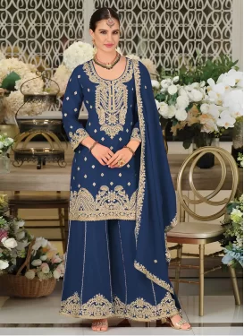 Embroidered Work Chinon Palazzo Suit in Navy Blue for Women