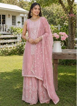 Embroidered Work Chinon Palazzo Suit in Pink for Festival