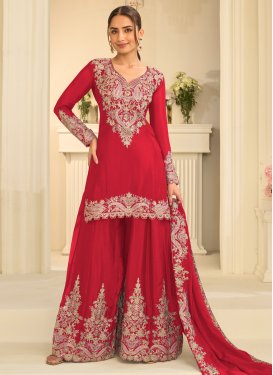 Embroidered Work Chinon Palazzo Suit in Red for Women