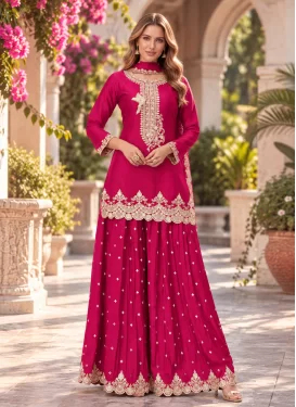 Embroidered Work Chinon Palazzo Suit in Rose Pink for Women